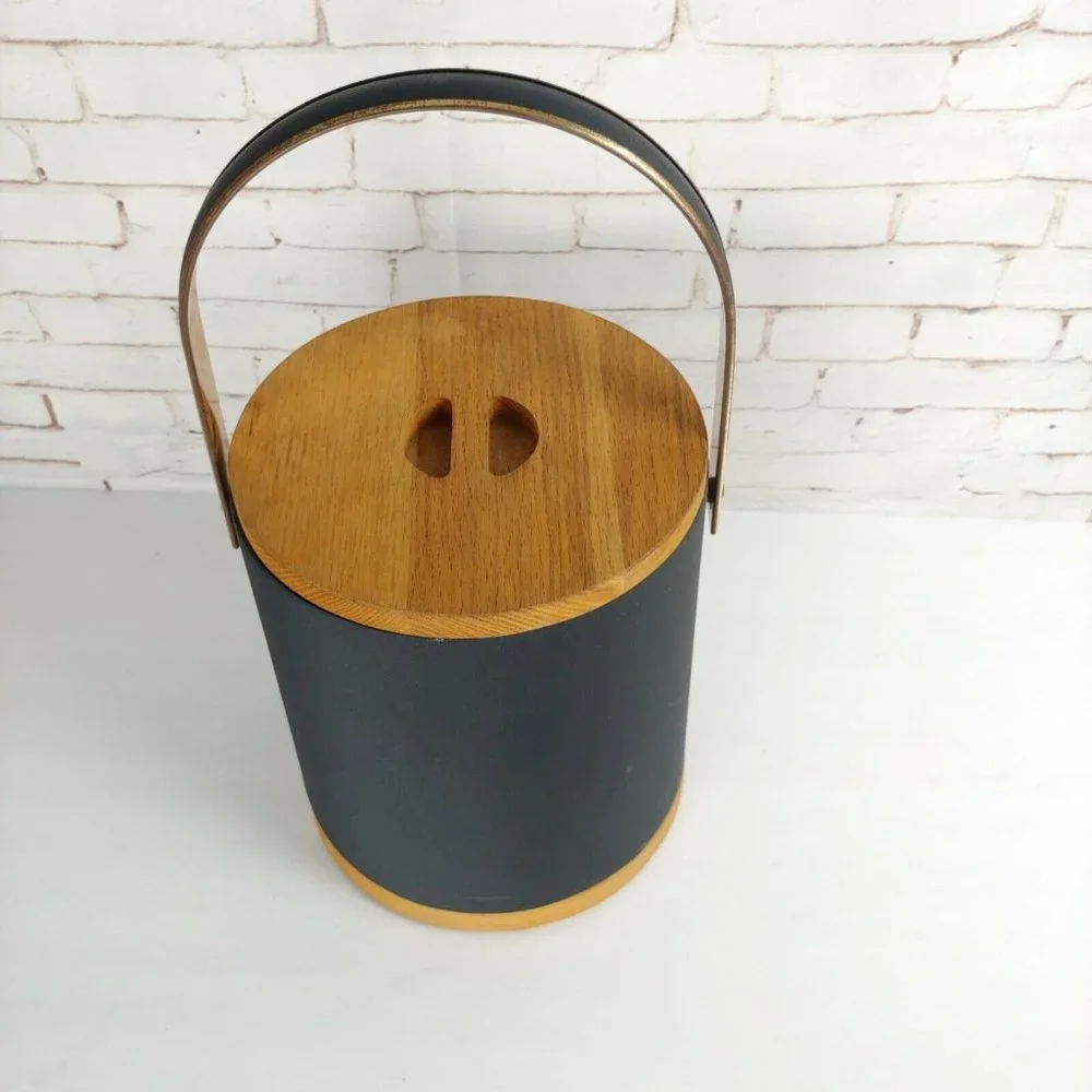 Morgan Ice Bucket with Lid Vinyl Covered in Brown with Wood Mid Century MCM